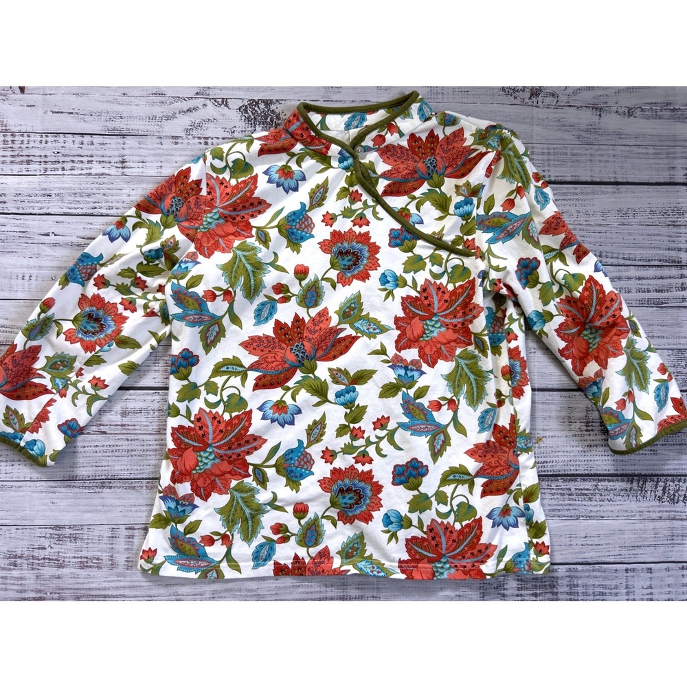 Vintage Talbots Knit Top Women Size M White Floral Mandarin Collar 3/4 Sleeve